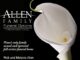 Logo for Allen Family Funeral Options featuring a white calla lily against a black background. The text reads: “Allen Family Funeral Options — A different concept in caring. Plano’s only family owned and operated full service funeral home. Rick and Melanie Allen, Owners/Funeral Directors.
