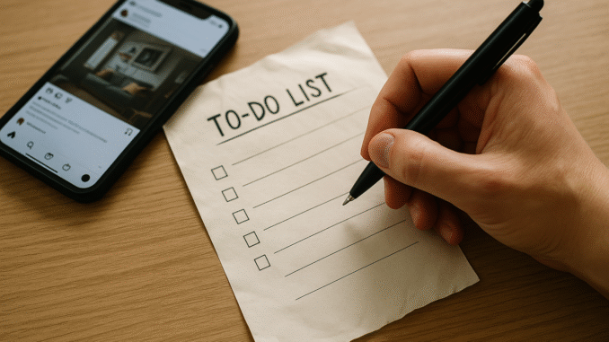 A close-up photograph of a person’s hand holding a black pen just above a slightly wrinkled to-do list resting on a wooden desk. The list has blank checkboxes and lines, ready to be filled in. To the left of the list, a smartphone displays an open social media post, suggesting distraction. Warm, natural lighting enhances the neutral tones of the workspace. Hand holding a pen above a blank to-do list on a wooden desk with a phone displaying social media nearby.