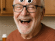 Elderly man with white hair and a beard laughs joyfully in a cozy kitchen while wearing large googly eyes on his forehead above his glasses. He wears a burnt-orange sweater, and a blurred medicine bottle sits on the counter behind him.