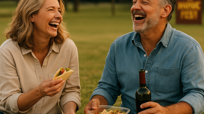 aging Middle-aged couple laughing together while enjoying tacos and wine at an outdoor picnic during golden hour. They sit barefoot on a striped blanket with string lights and a "Wine & Music Fest" sign in the background, creating a warm, joyful atmosphere.