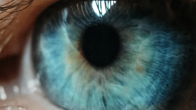 Blue eyes Close-up of a human blue eye showing detailed iris patterns with shades of blue, green, and hints of gold around the pupil, along with visible eyelashes.