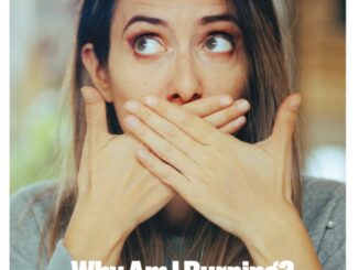 A surprised woman covers her mouth with both hands, looking upward with wide eyes, as if caught mid-burp.