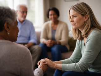 Caregiver support group meeting in a softly lit room, with one woman offering comfort by holding another woman’s hands while others listen nearby.