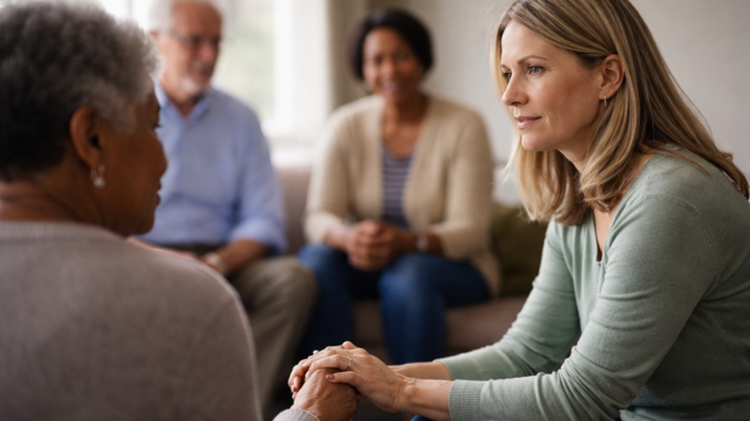 Caregiver support group meeting in a softly lit room, with one woman offering comfort by holding another woman’s hands while others listen nearby.