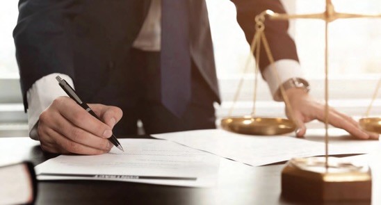 A lawyer in a suit signs a legal document at a desk beside the scales of justice